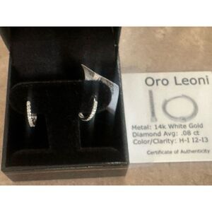 14K Solid White Gold ORO LEONI Diamond Huggie Earrings W/ Certificate